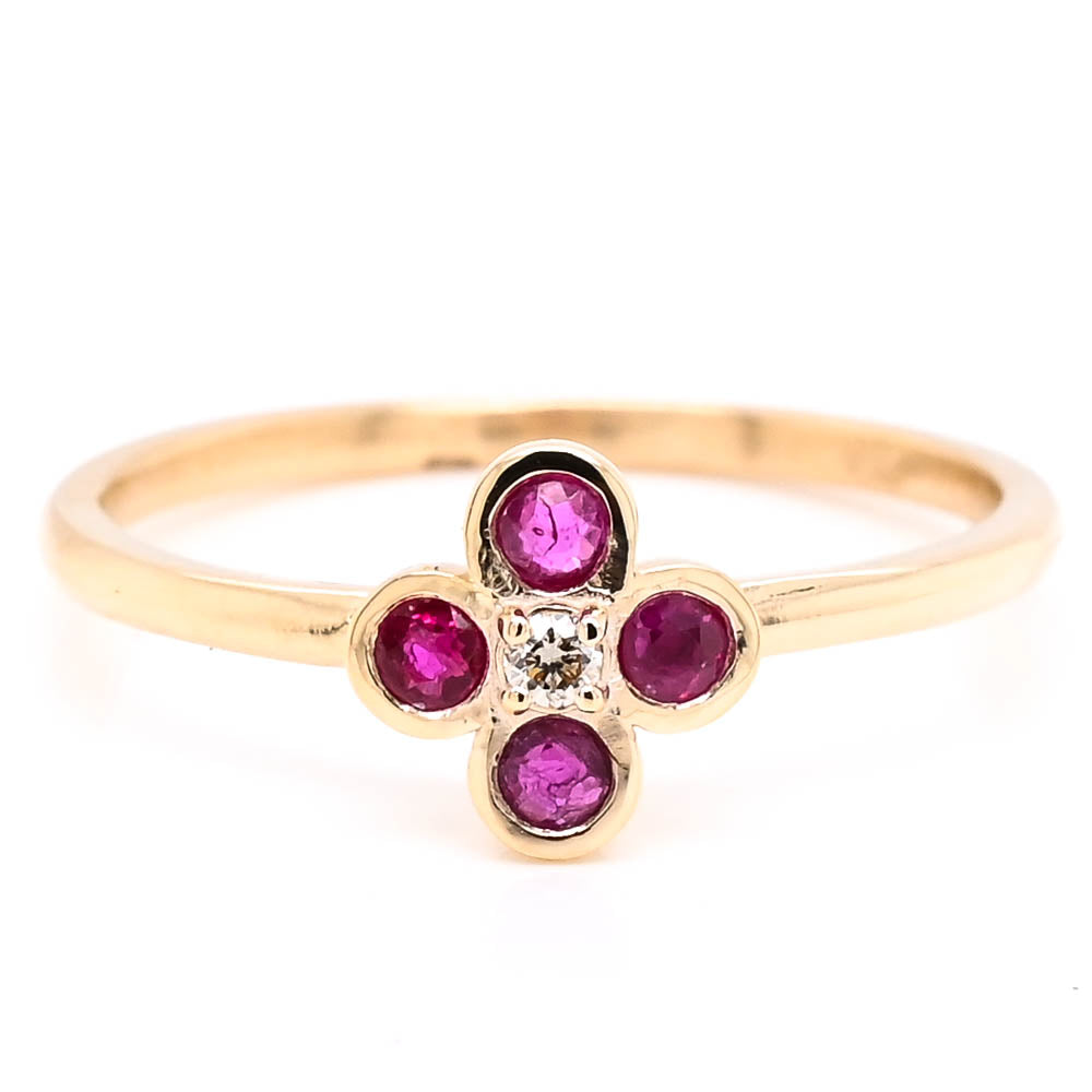 10KT Yellow Gold Ruby & Diamond Flower Ring.