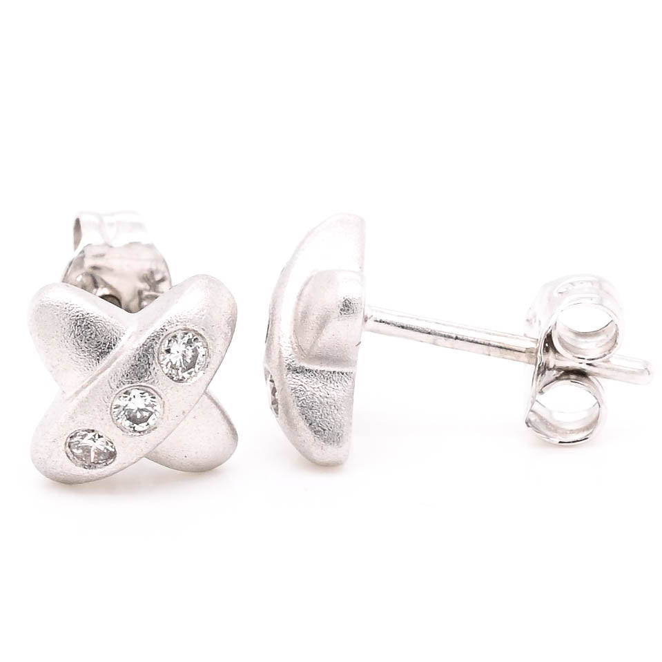 14KT White Gold Diamond Puff "X" Stud Earrings