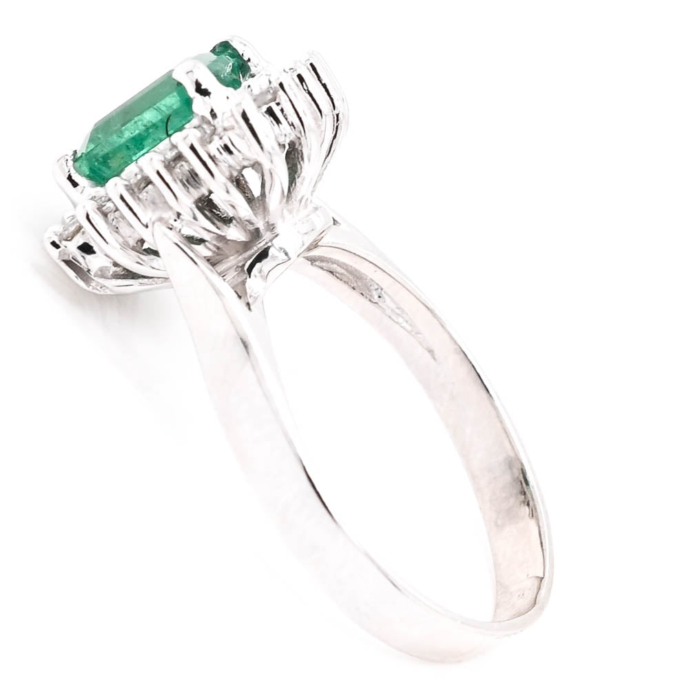 14KT White Gold 1.43CT Emerald & Diamond Cluster Ring.