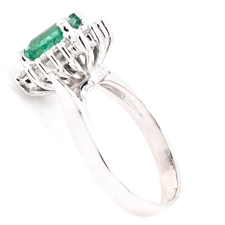 14KT White Gold 1.43CT Emerald & Diamond Cluster Ring.
