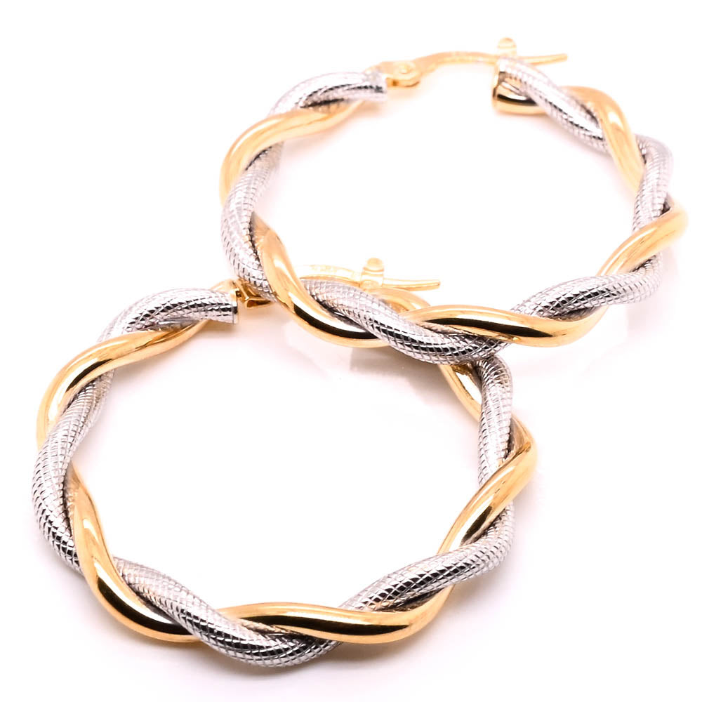 10KT Yellow & White Gold 30mm Twisted Hoop Earrings.