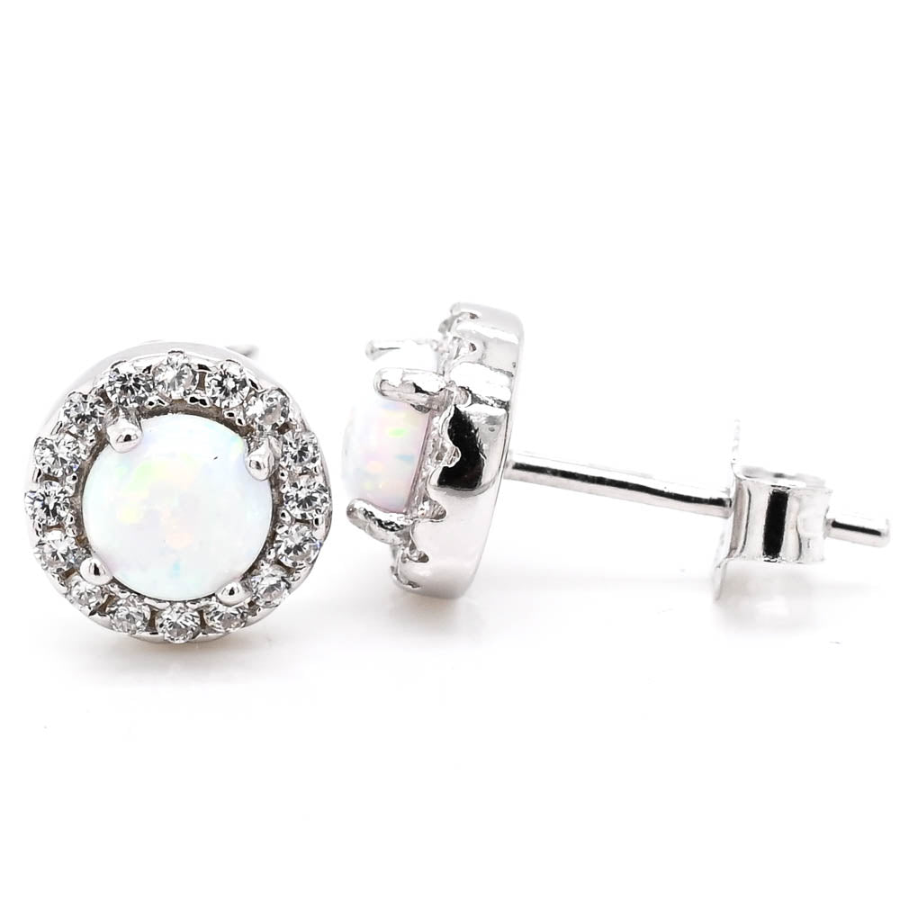 Sterling Silver 8mm Opal & C.Z Halo Set Stud Earrings.