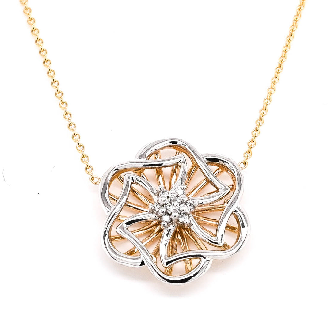 Fire & Ice 10KT Yellow & White Gold 18"0.04CTW Canadian Diamond Flower Necklace.