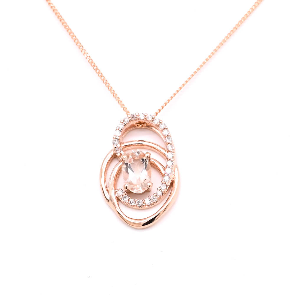 10KT Rose Gold 18" 0.50CT Oval Shape Morganite & Diamond Necklace.