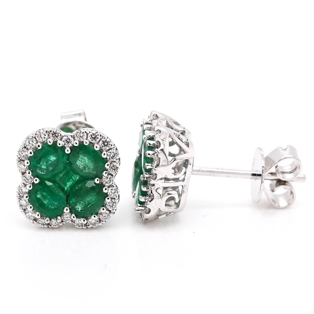14KT White Gold 1.57CTW Emerald Diamond Halo Set stud Earrings.