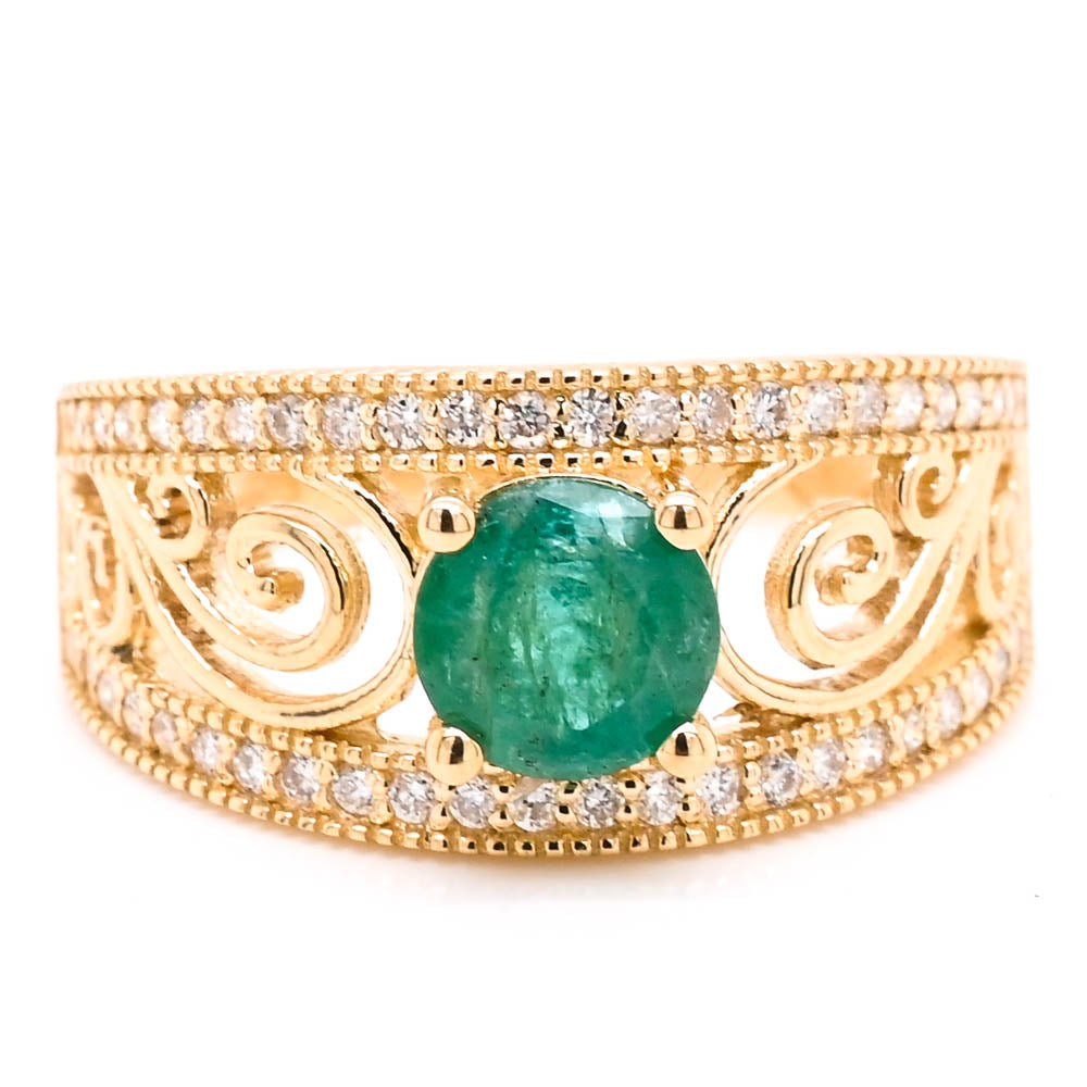 14KT Yellow Gold 0.80CT Round Brilliant Emerald & Diamond Ring.