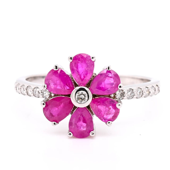 14KT White Gold Ruby & Diamond Flower Ring.