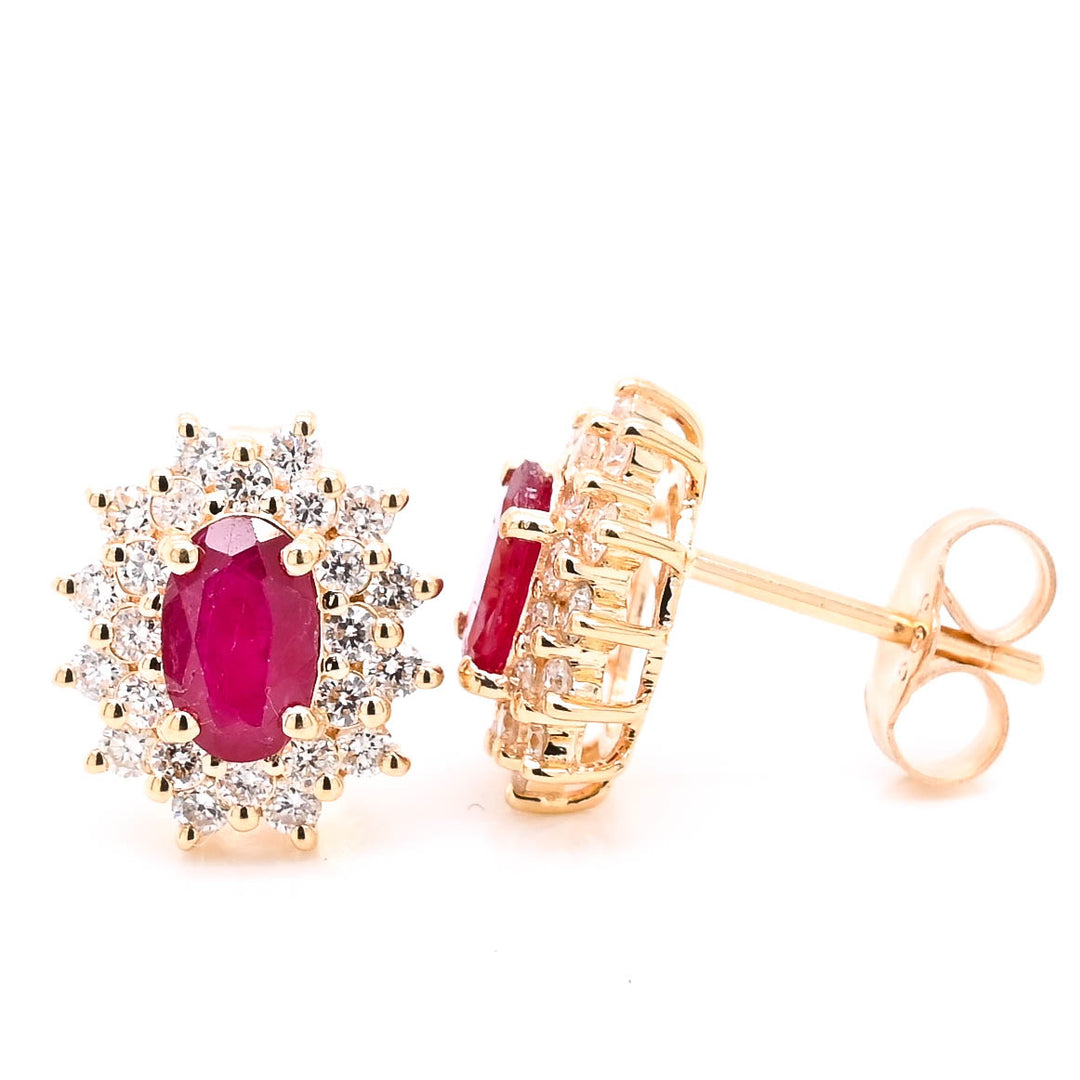 14KT Yellow Gold Oval shape Ruby & Diamond Stud Earrings.