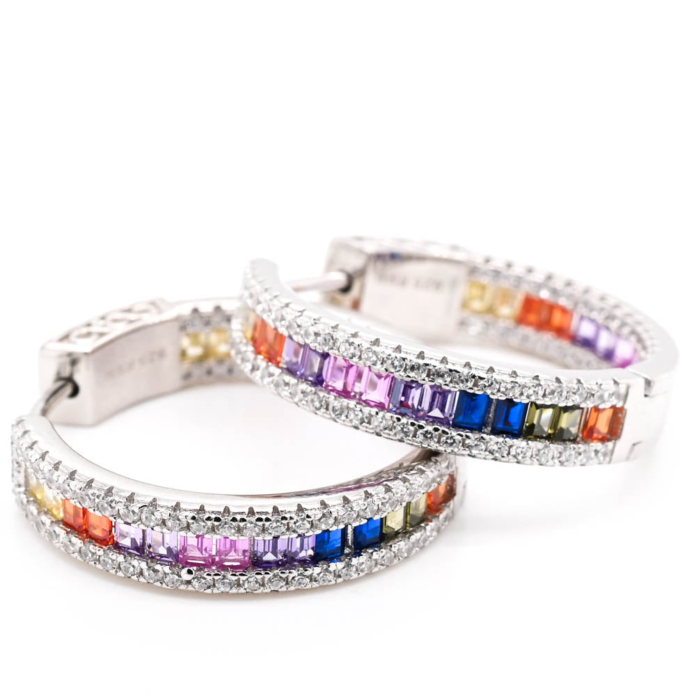 Sterling Silver C.Z 25mm Multi Coloured Huggie Earrings.