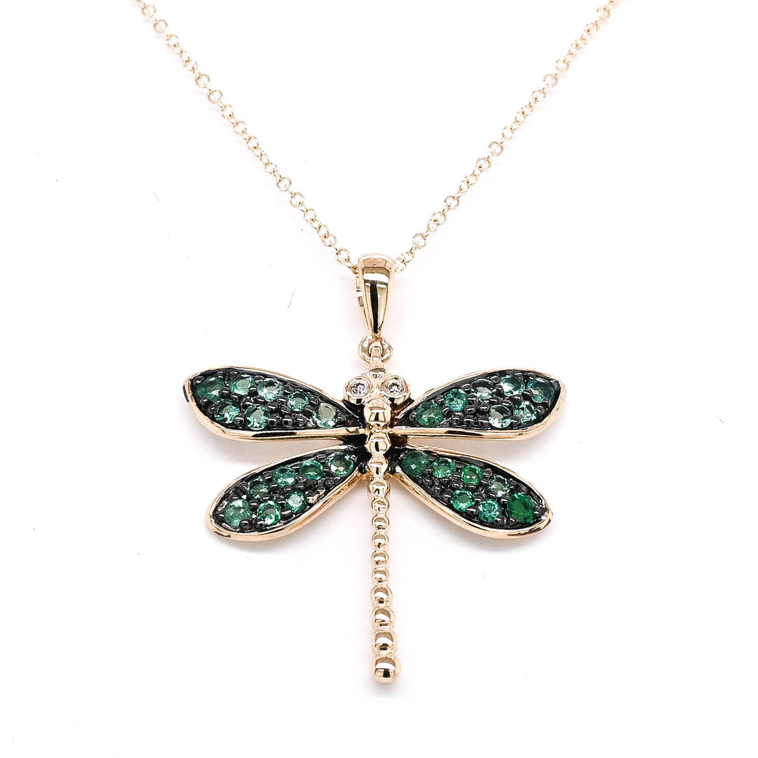 10KT Yellow Gold 18" 0.40CTW Emerald and Diamond Dragonfly Necklace.