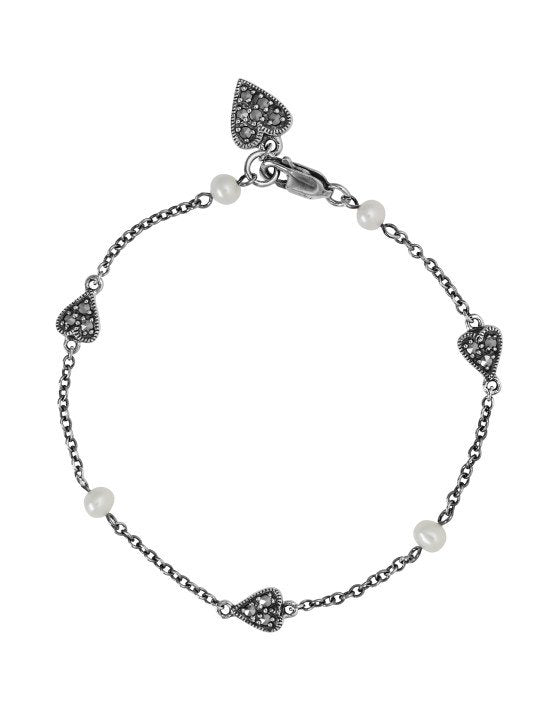 Larus Sterling Silver 7" Freshwater Pearl & Marcasite Heart Bracelet.