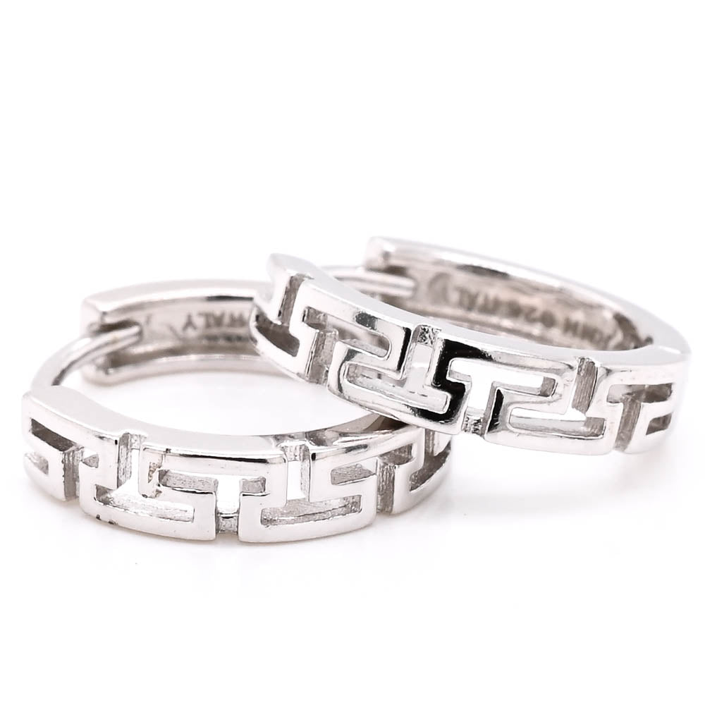 Sterling Silver 14mm Greek Key Huggie Earrings.