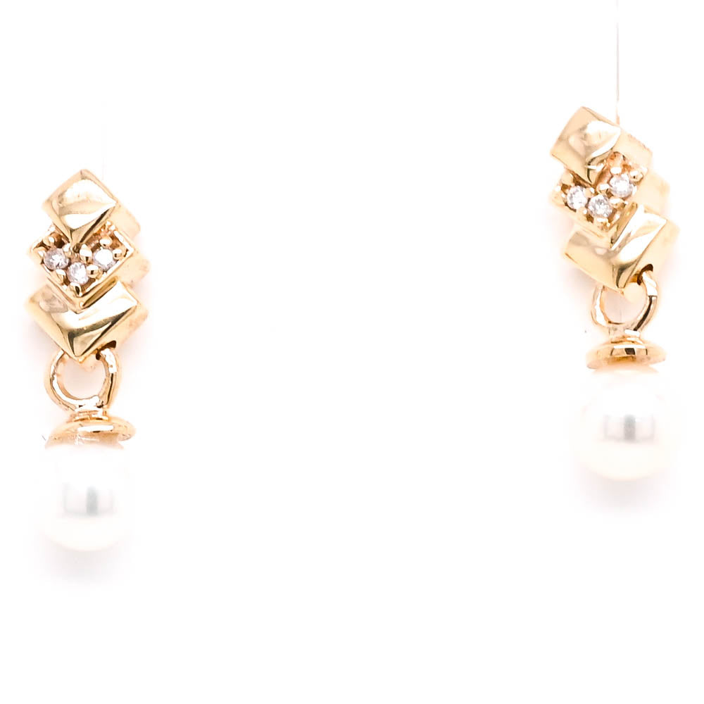 10KT Yellow Gold 2.5mm Pearl & Diamond Drop Earrings.
