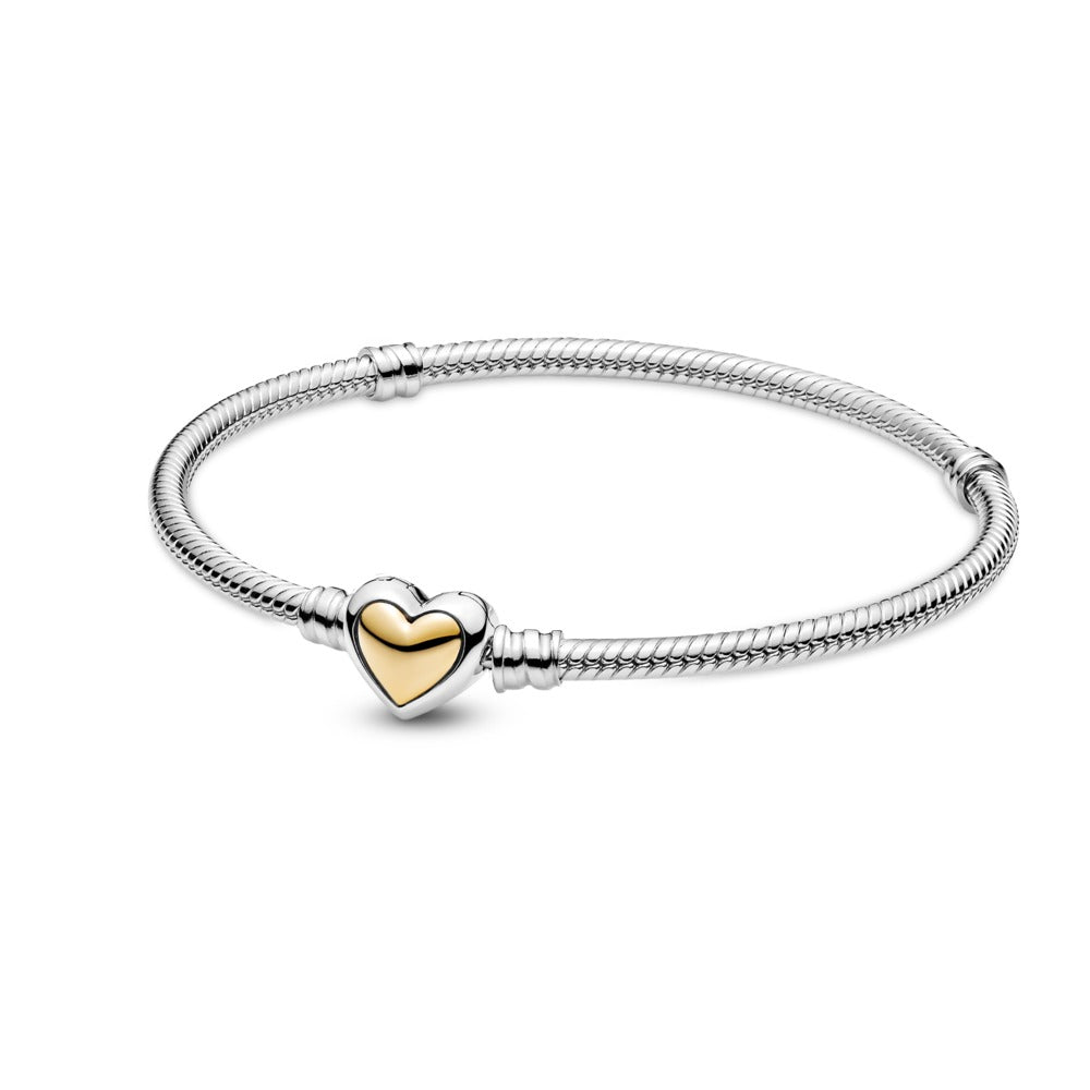 Pandora Domed Golden Heart Clasp Snake Chain Bracelet