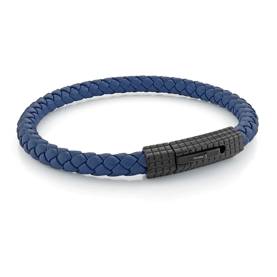 Italgem Steel 8" Ion Plated Stainless Steel Blue Leather Bracelet