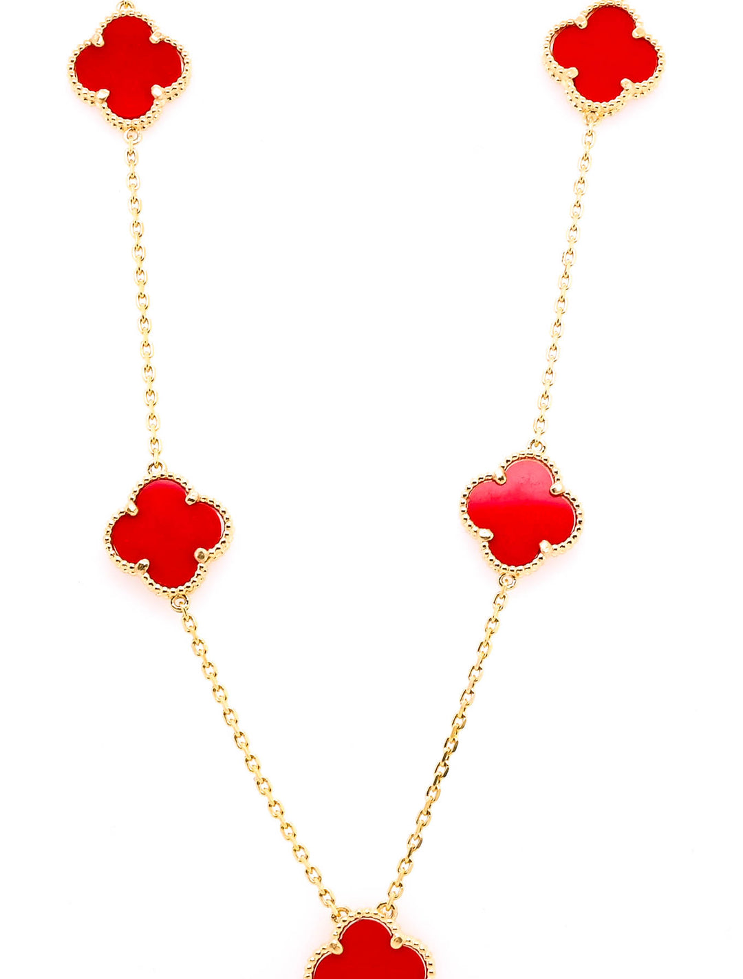 10KT Yellow Gold 18" Red Agate Flower Necklace