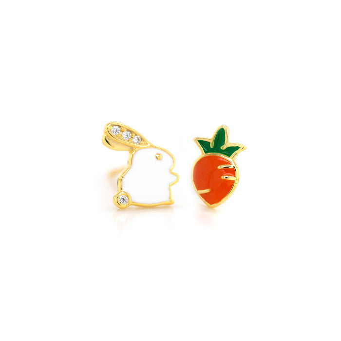 Sterling Silver Gold Vermeil CZ Mismatch Enamel Easter Bunny & Carrot Stud Earrings.