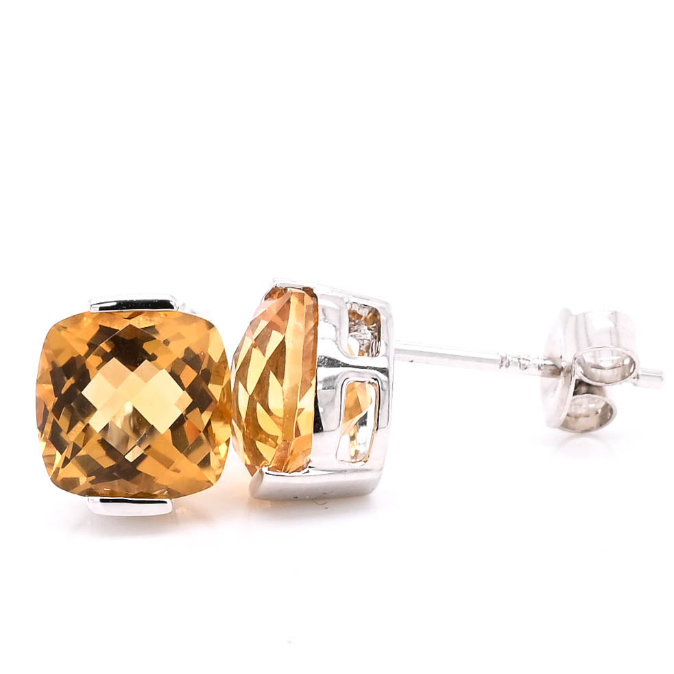 14KT White Gold Cushion Cut Citrine Stud Earrings.