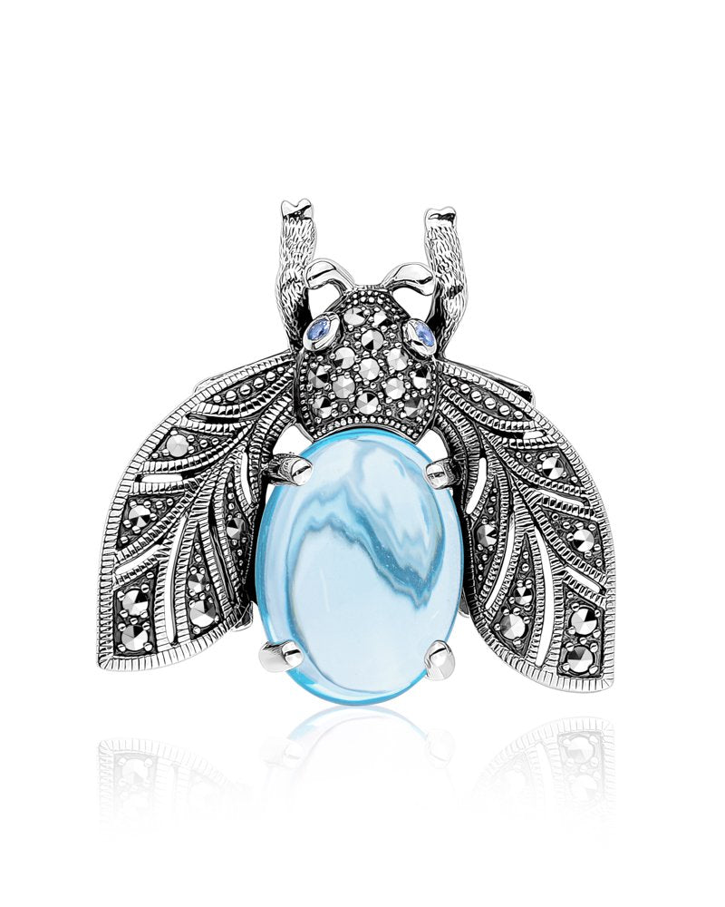 Larus Sterling Silver Marcasite & Cabachon Blue Topaz Beetle Brooch.