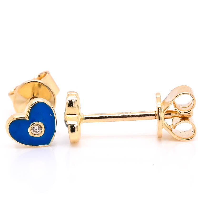 14KT Yellow Gold 0.05CTW Heart Stud Style Backing Diamond & Blue Enamel Earrings