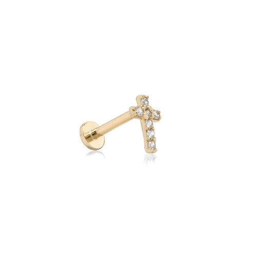 14K Yellow Gold CZ Cross Cartilage Flat Screwback Single Stud Earring.
