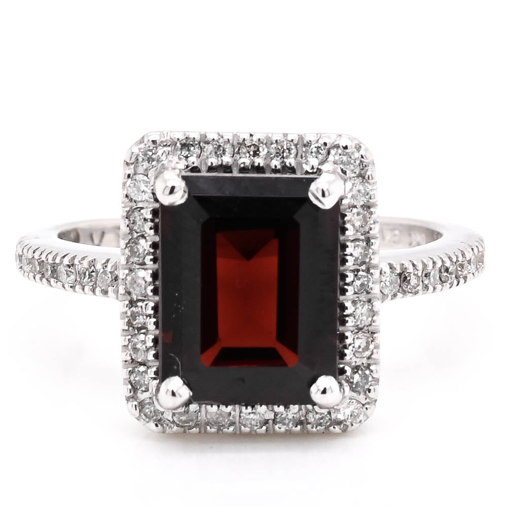 14KT White Gold Emerald Shape Garnet & Diamond Halo Set Ring. 
Band