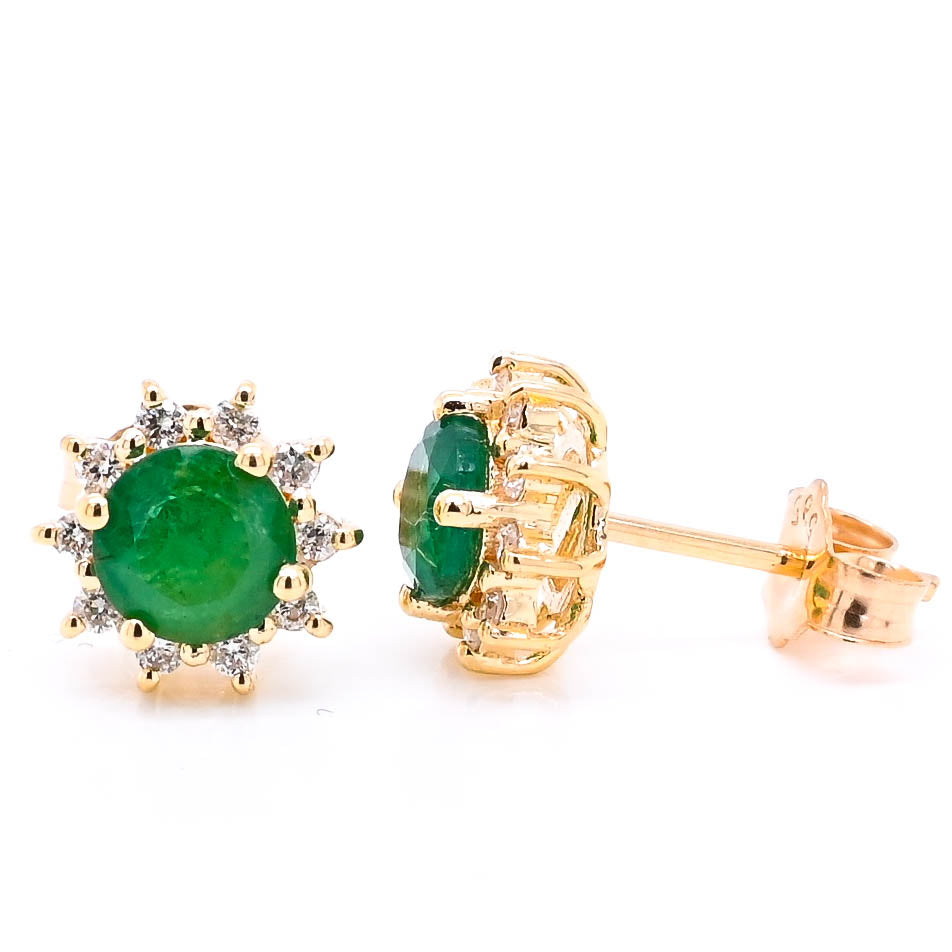 14KT Yellow Gold Round Brilliant Emerald & Diamond Cluster Earrings.