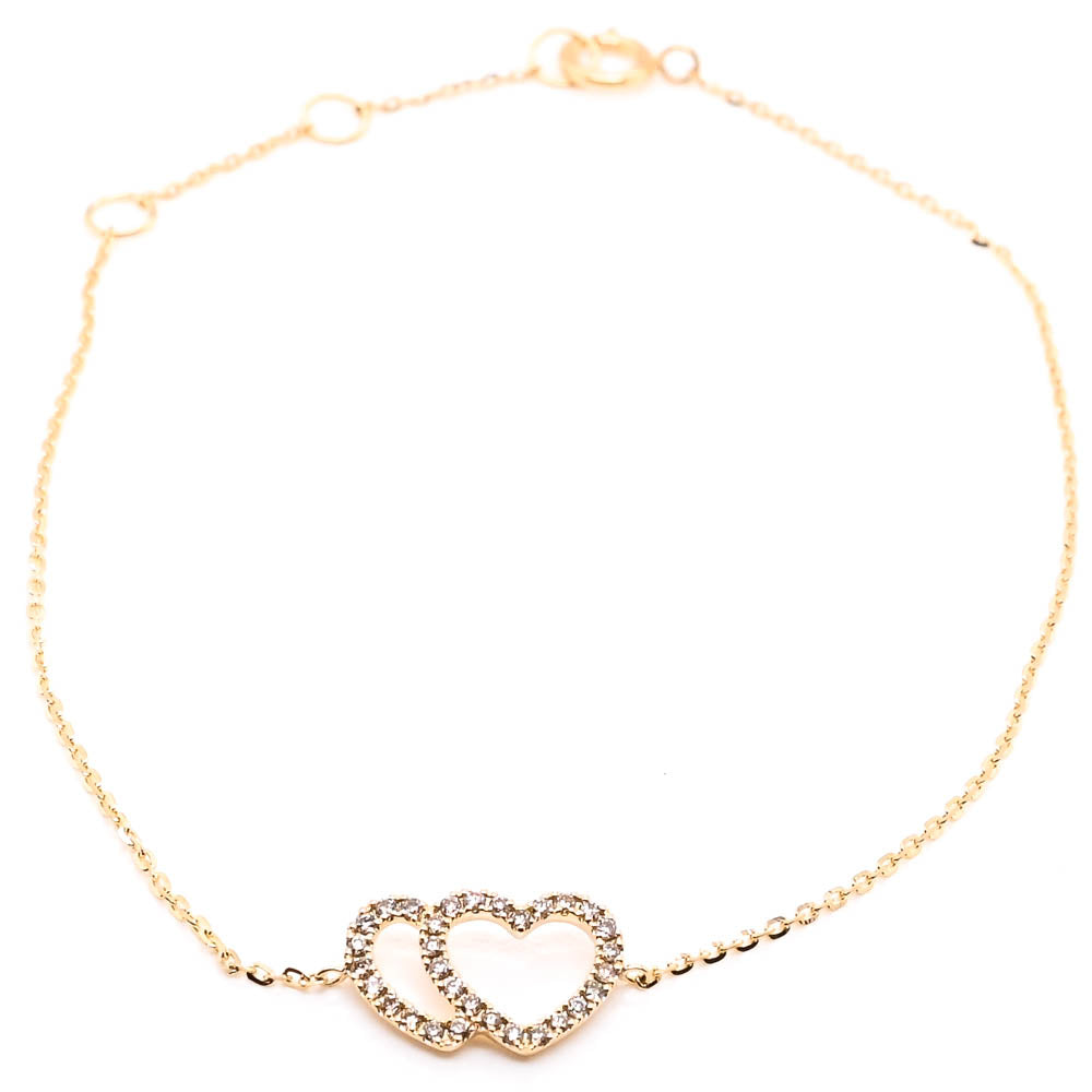 14KT Yellow Gold 7.5" 0.11CTW Diamond Double Heart Bracelet.