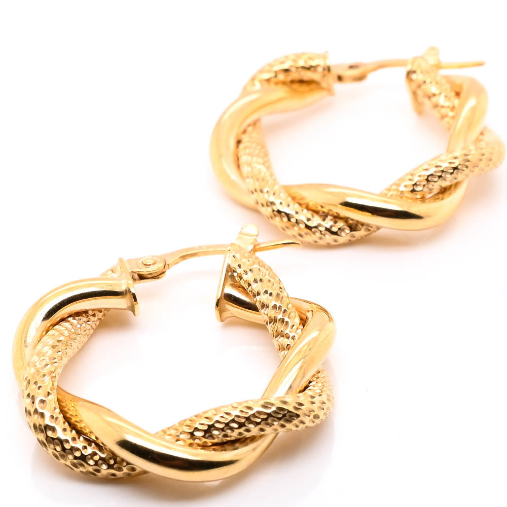 10KT Yellow Gold Twisted Medium Hoop Earrings.