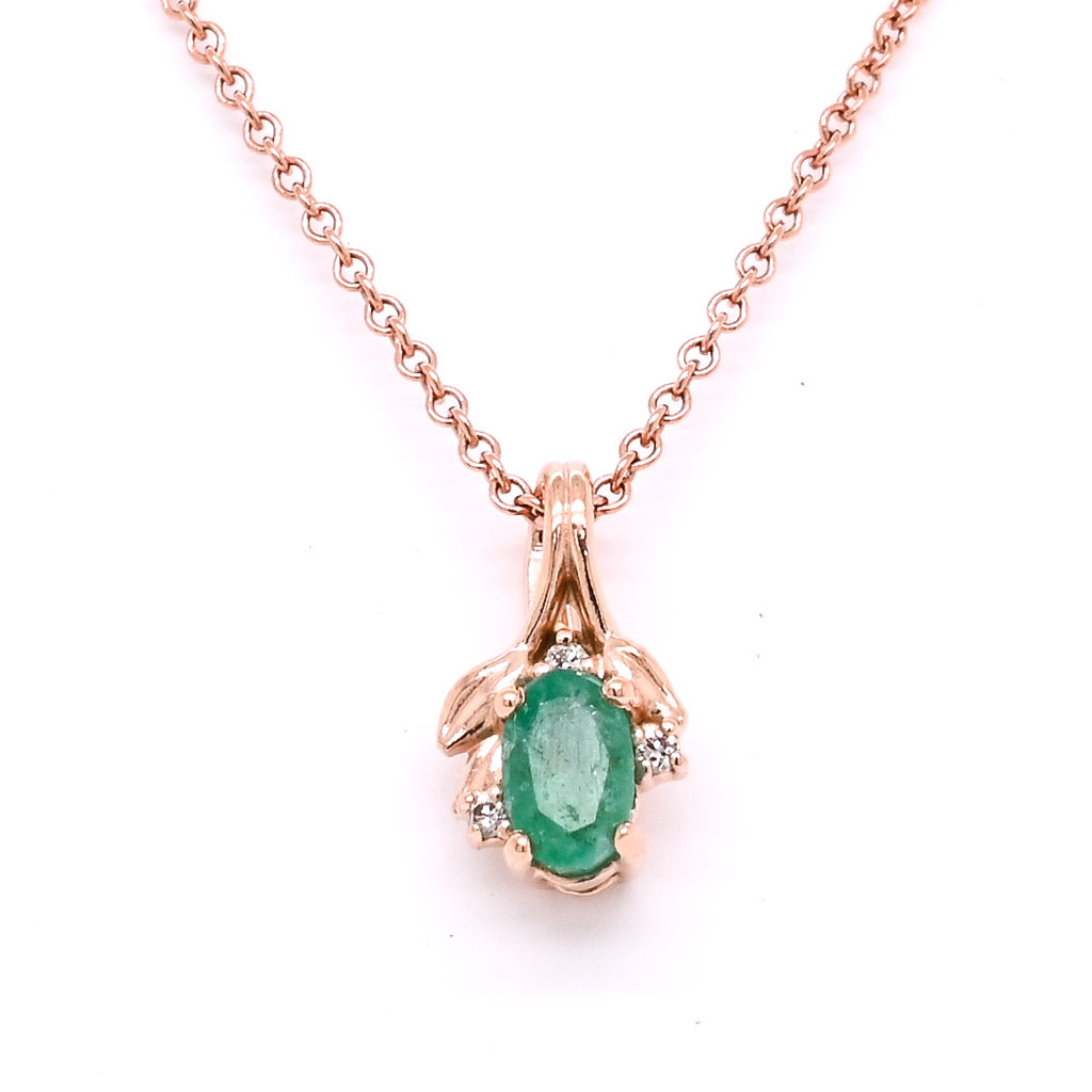 10KT Rose Gold 18" 0.31CT Oval Shape Emerald and Diamond Necklace.