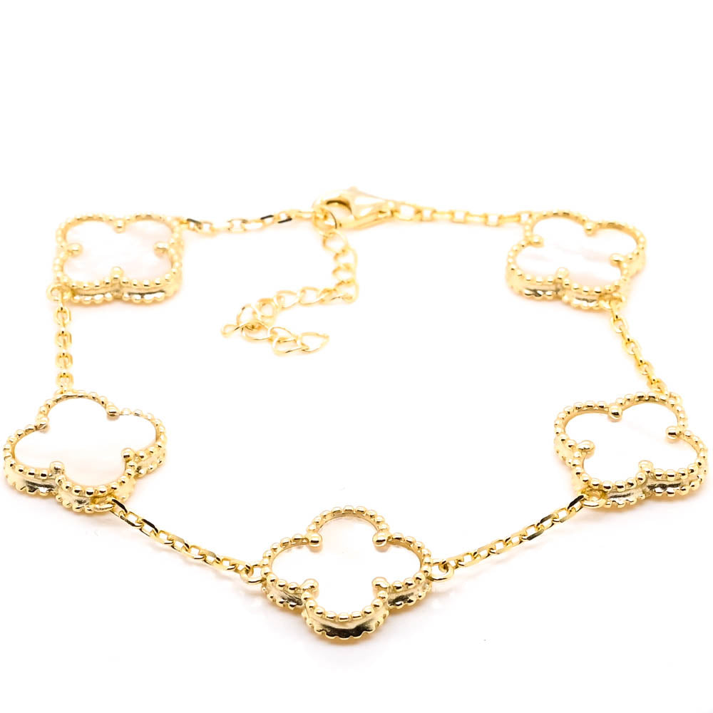 Sterling Silver Yellow Gold Plated 8" Mother of Pearl Flower Bracelet.
