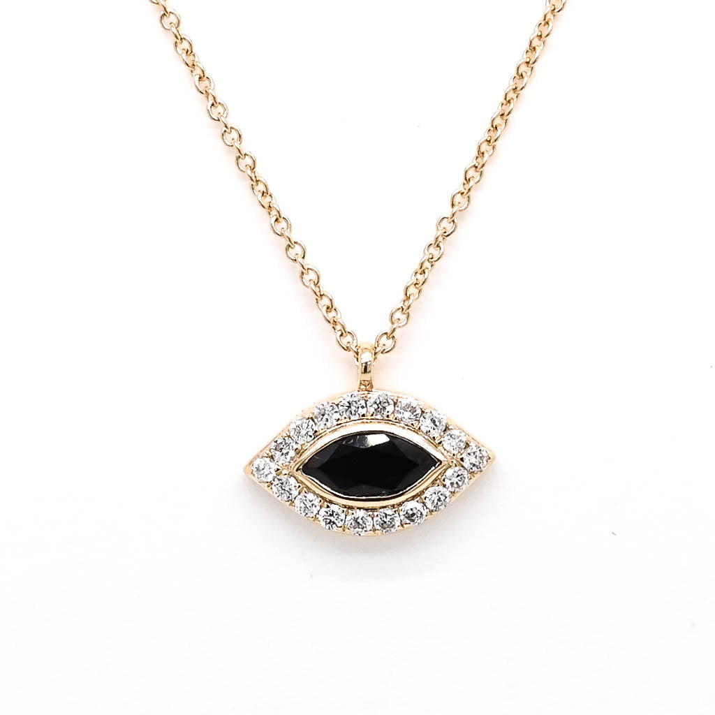 14KT Yellow Gold 18" 0.28CT Blue Sapphire and Diamond Evil Eye Necklace.