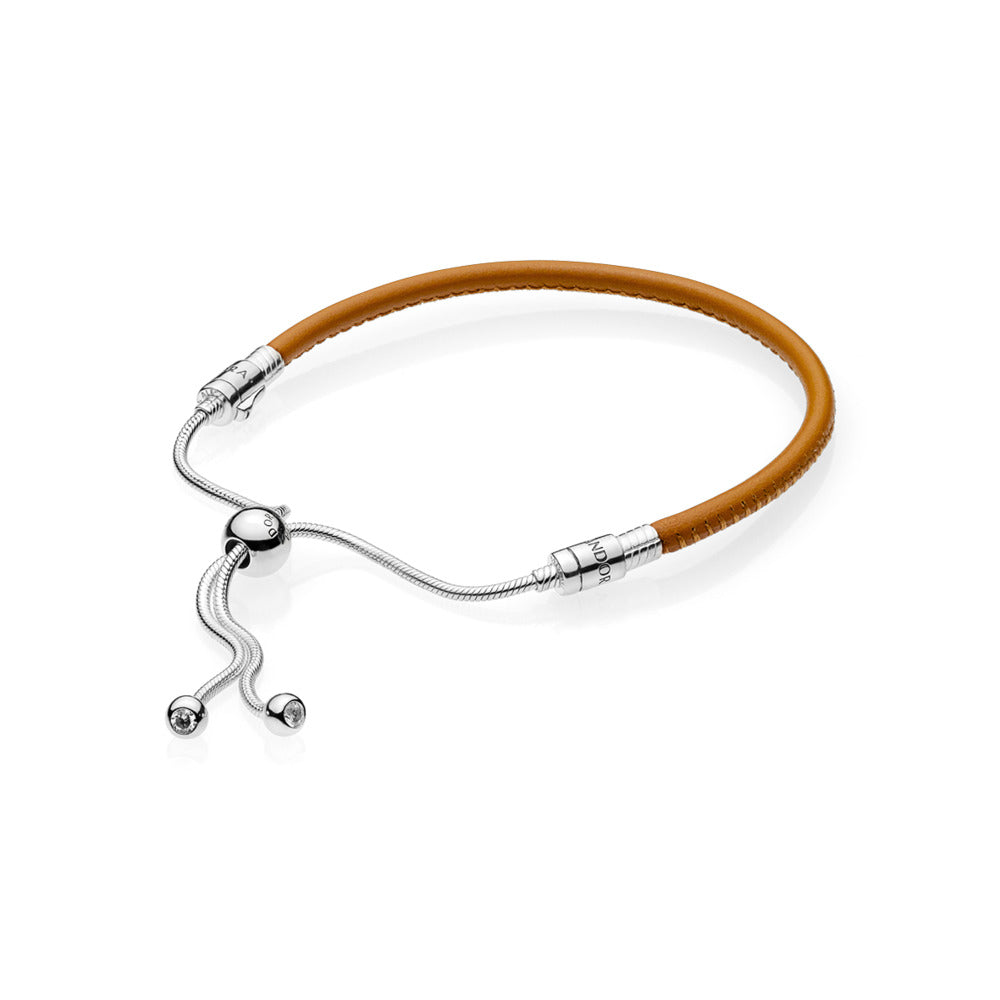 Sliding Leather Bracelet, Golden Tan, Clear CZ