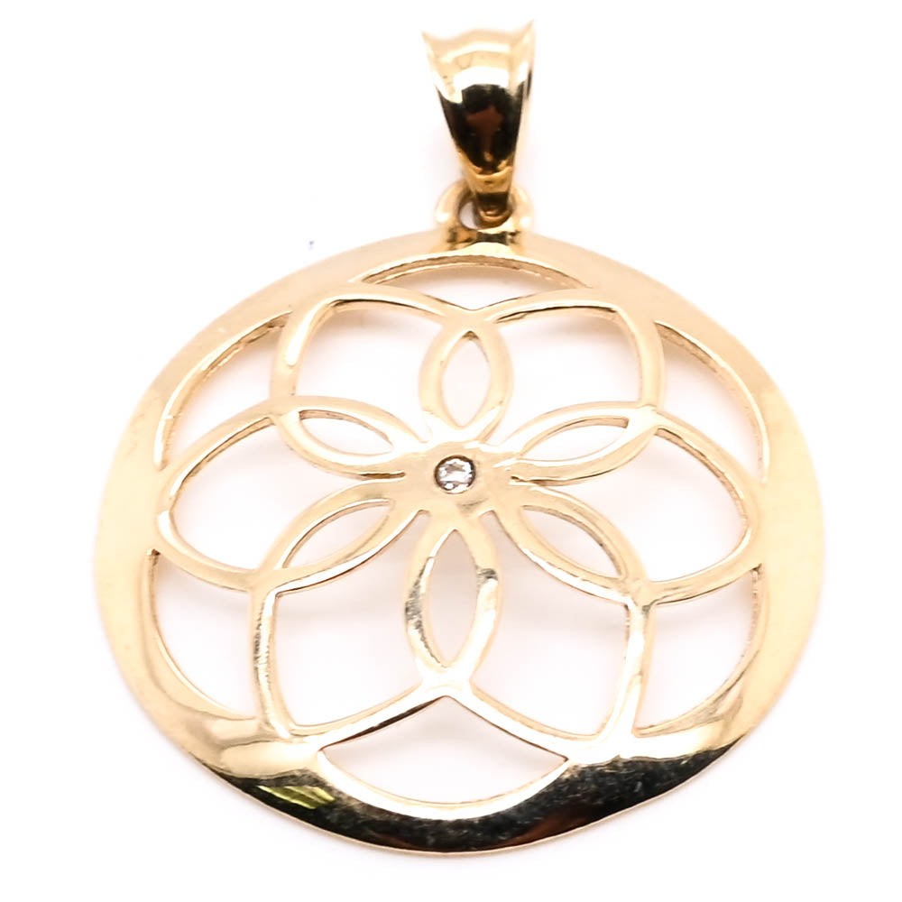 10KT Yellow Gold 20mm C.Z Round Lotus Flower Disc PEndant.