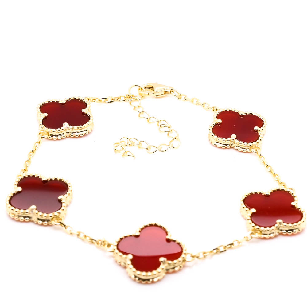 Sterling Silver 14KT Yellow Gold Plated 8" Carnelian Flower Bracelet.