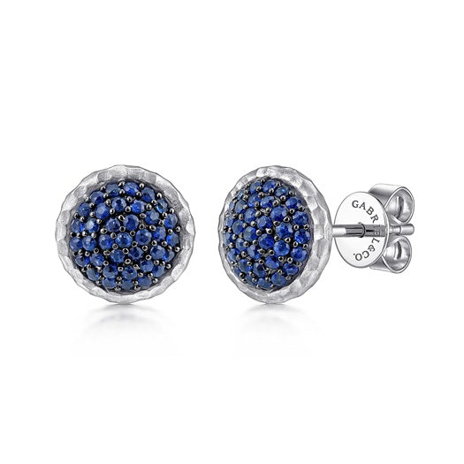 Gabriel & Co Sterling Silver Hammered Round Blue Sapphire Pavé Stud Earrings.