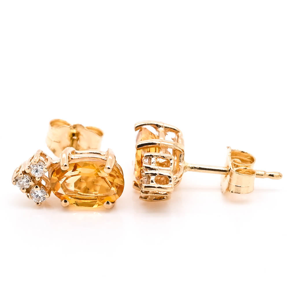 14KT Yellow Gold Oval shape Citrine & Diamond Stud Earrings.