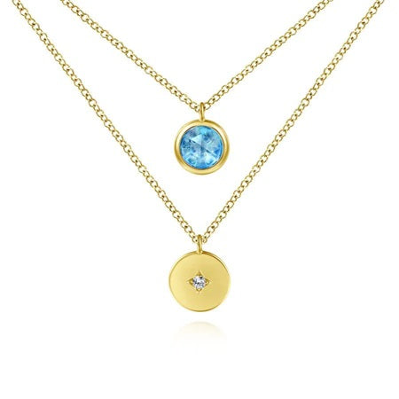 Gabriel & Co 14KT Yellow Gold 18" 1.10CT Blue Topaz & Diamond Layered Necklace.