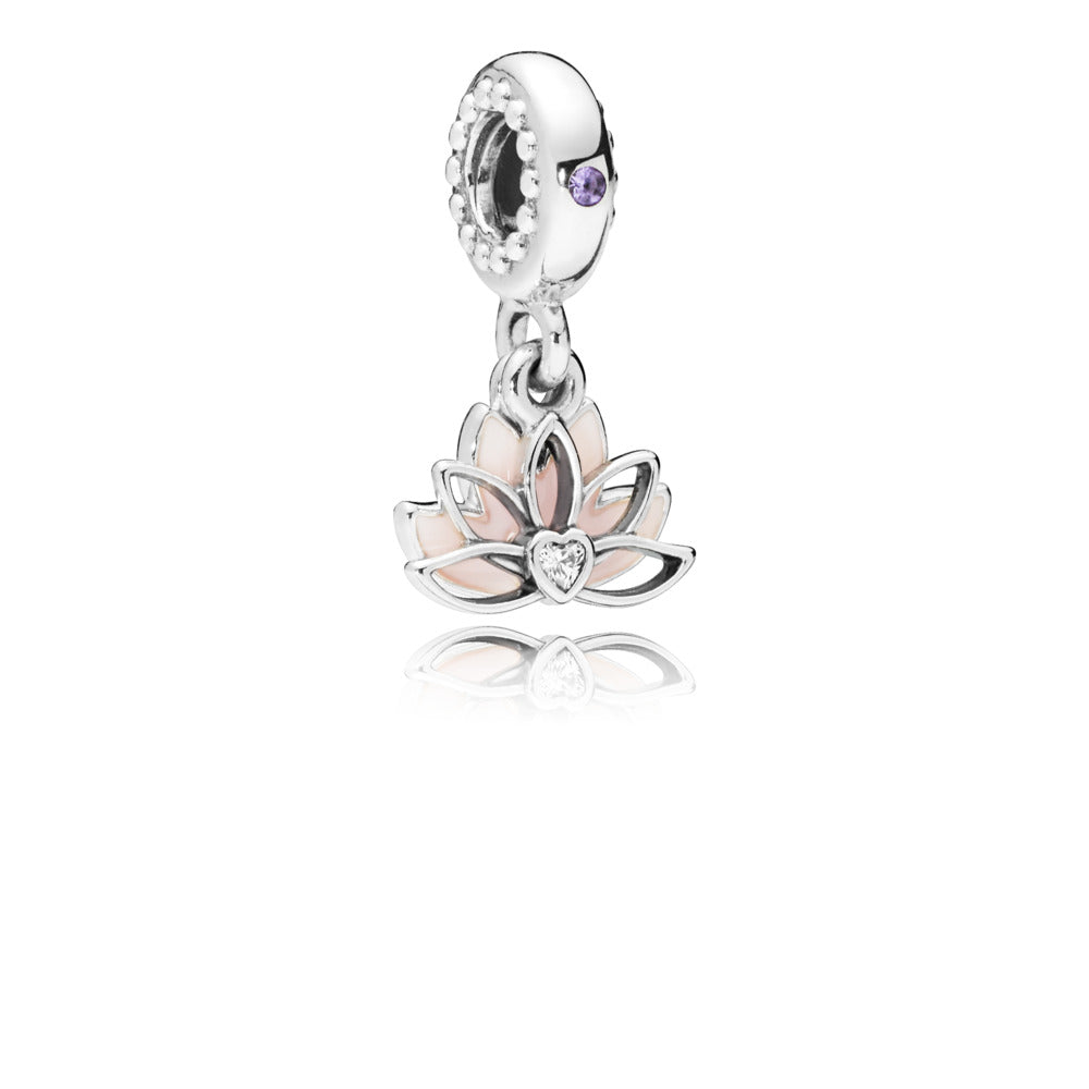 Serene Lotus Flower, Pink Enamel, Lilac Crystal & Clear CZ