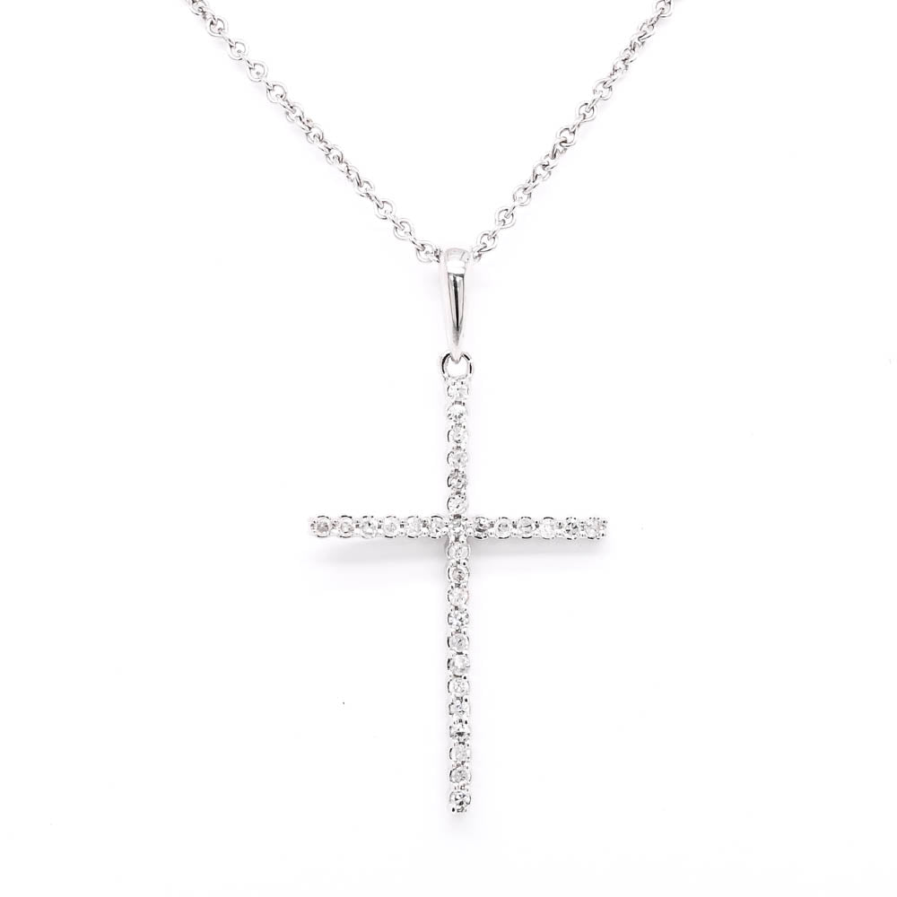 14KT White Gold 18" 0.10CTW Diamond Cross Necklace.
