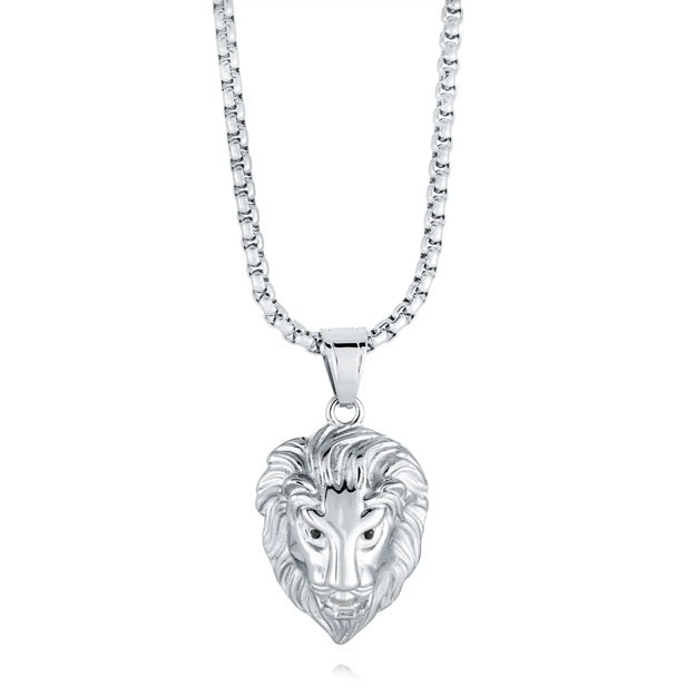 Italgem Steel 22" Lion Head Necklace with Black C.Z Eyes.