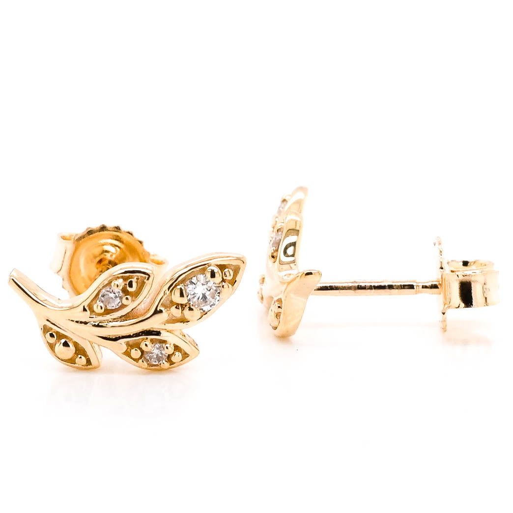 Fire & Ice 10Kt Yellow Gold 0.08CTW Canadian Diamond Leaf Earrings.