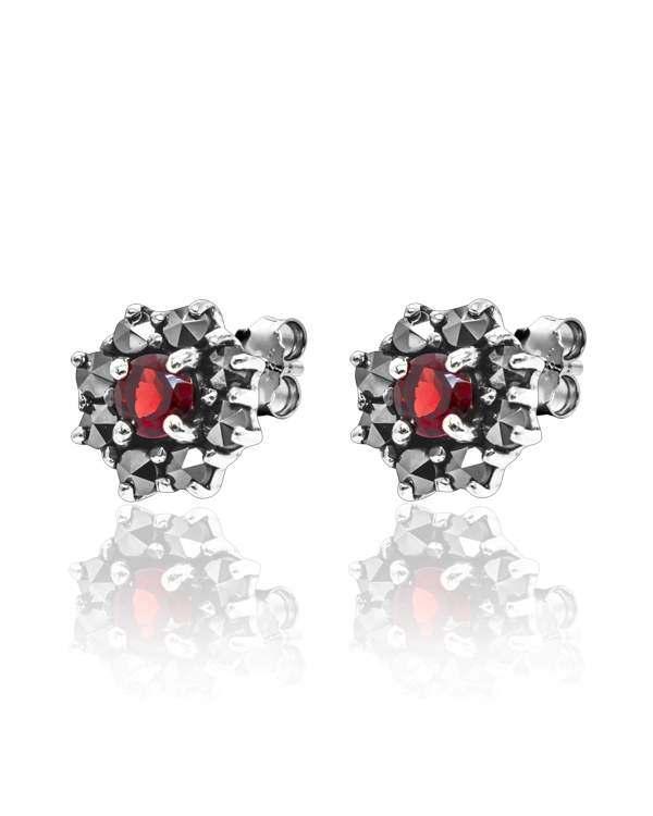 Larus sterling Silver Garnet & Marcasite flower Stud Earrings.