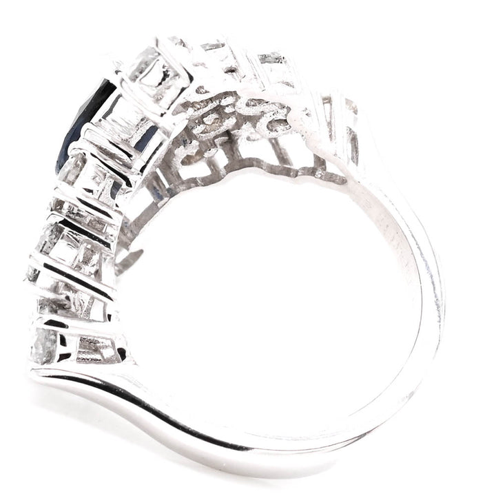 14KT White Gold 1.30CT Marquise Shaped Blue Saapphire & Diamond Ring.