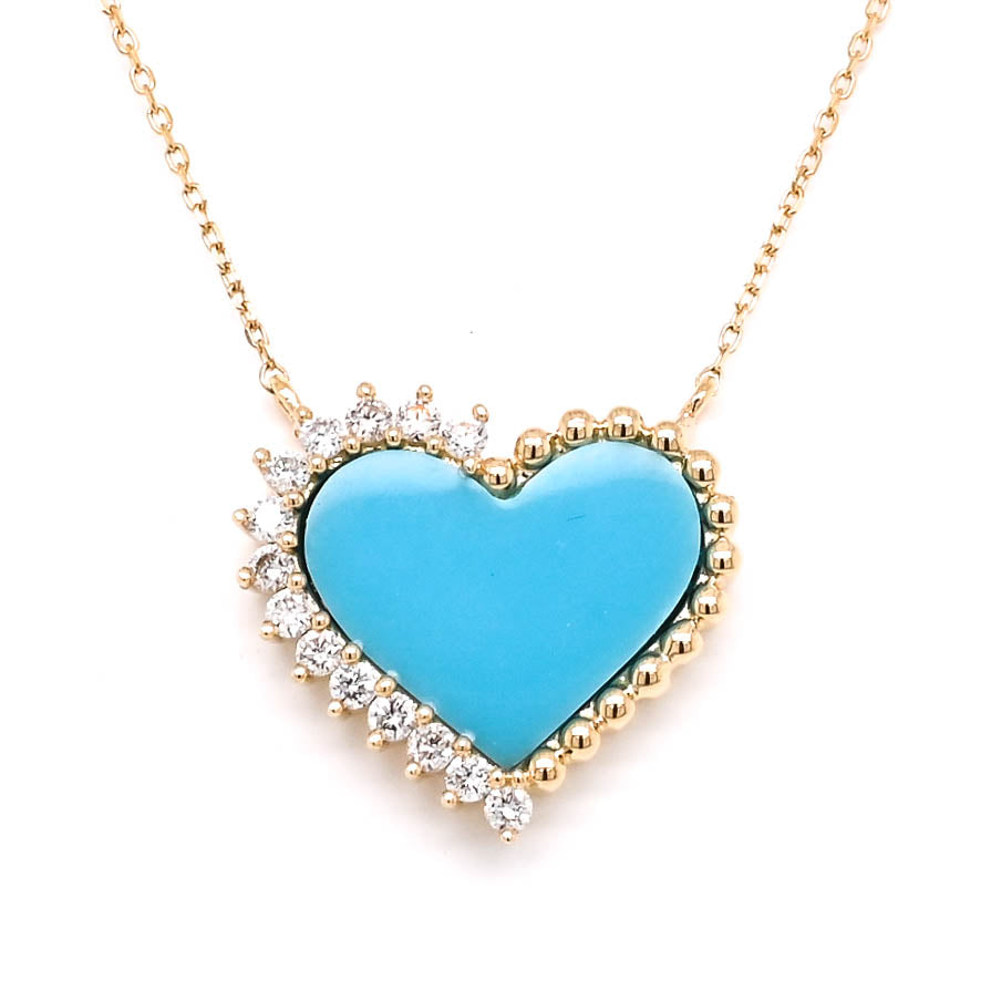 14KT Yellow Gold 18" Heart shaped Turquoise & Diamond Necklace.