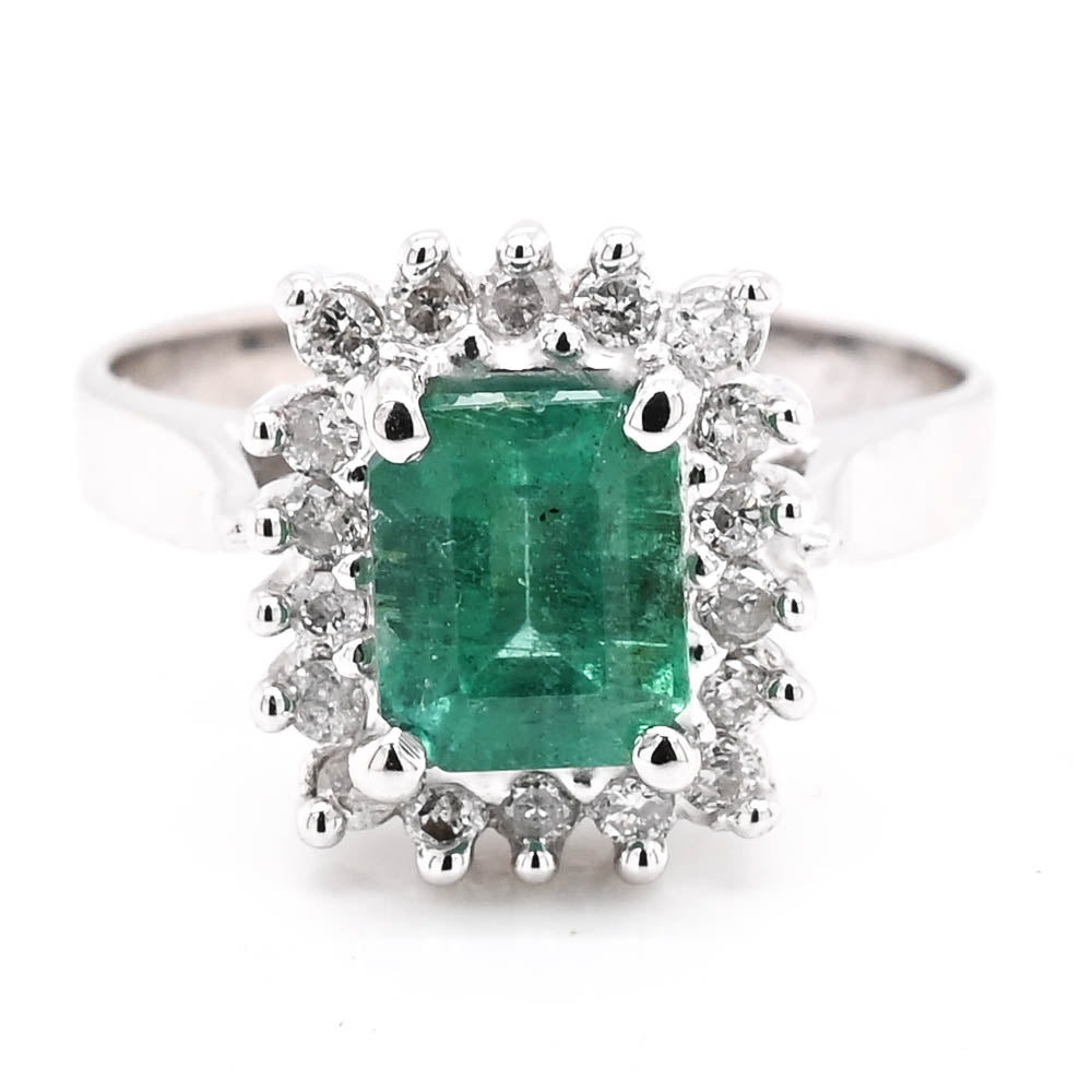 14KT White Gold 1.43CT Emerald & Diamond Cluster Ring.