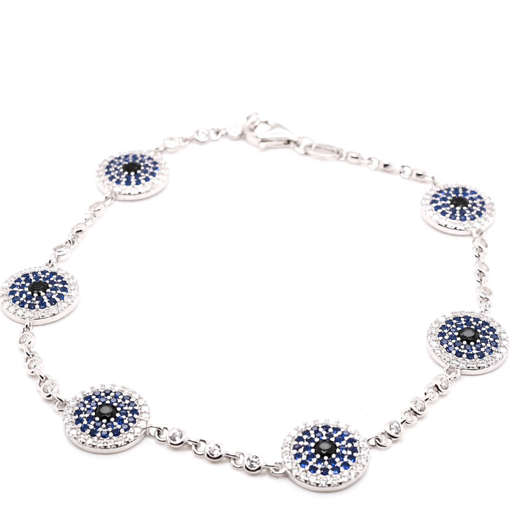 Sterling Silver 7.5" Blue & White C.Z Hamsa Bracelet.