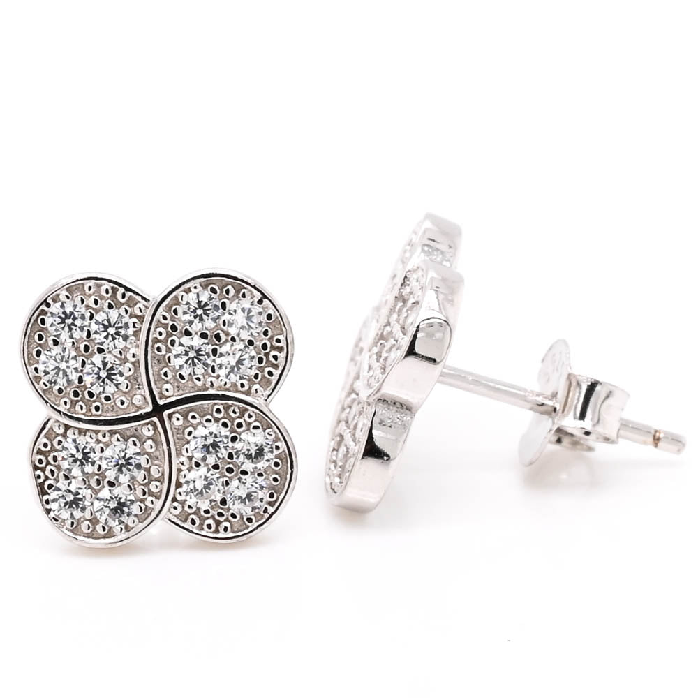 Sterling Silver C.z Clover Stud Earrings..