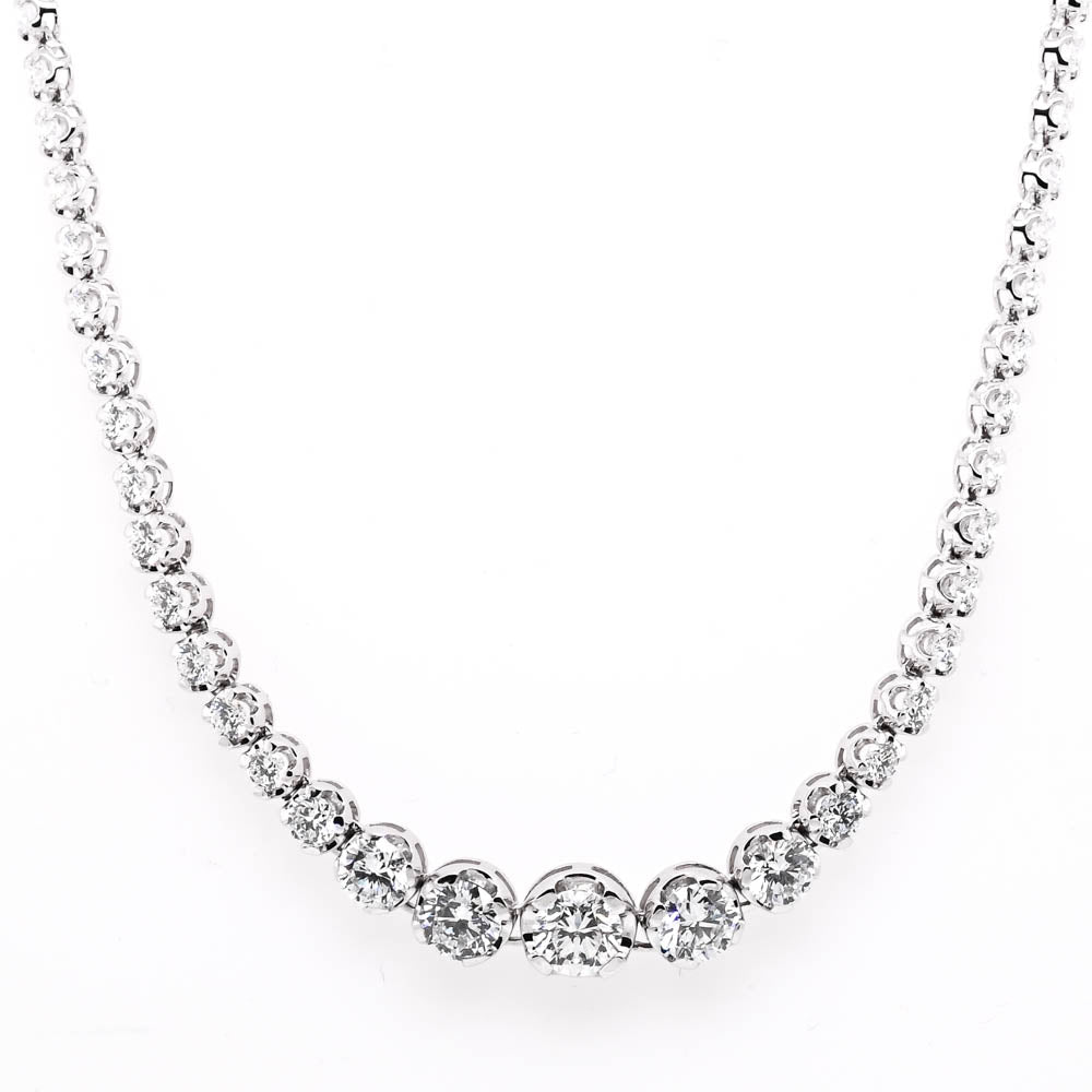 14KT White Gold 18" 10.00CTW VS F-G Colour Round Brilliant Lab Grown Graduated Diamond Tennis Necklace.