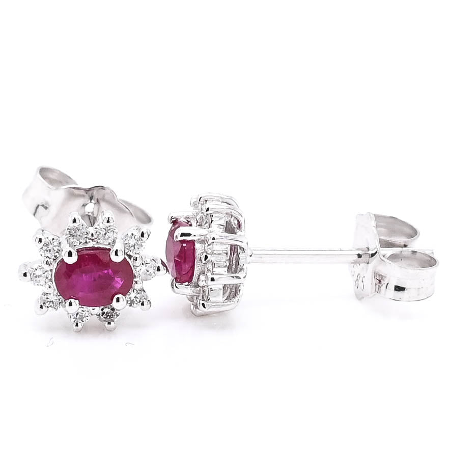 14KT White Oval Shape Ruby & Diamond Stud Earrings.